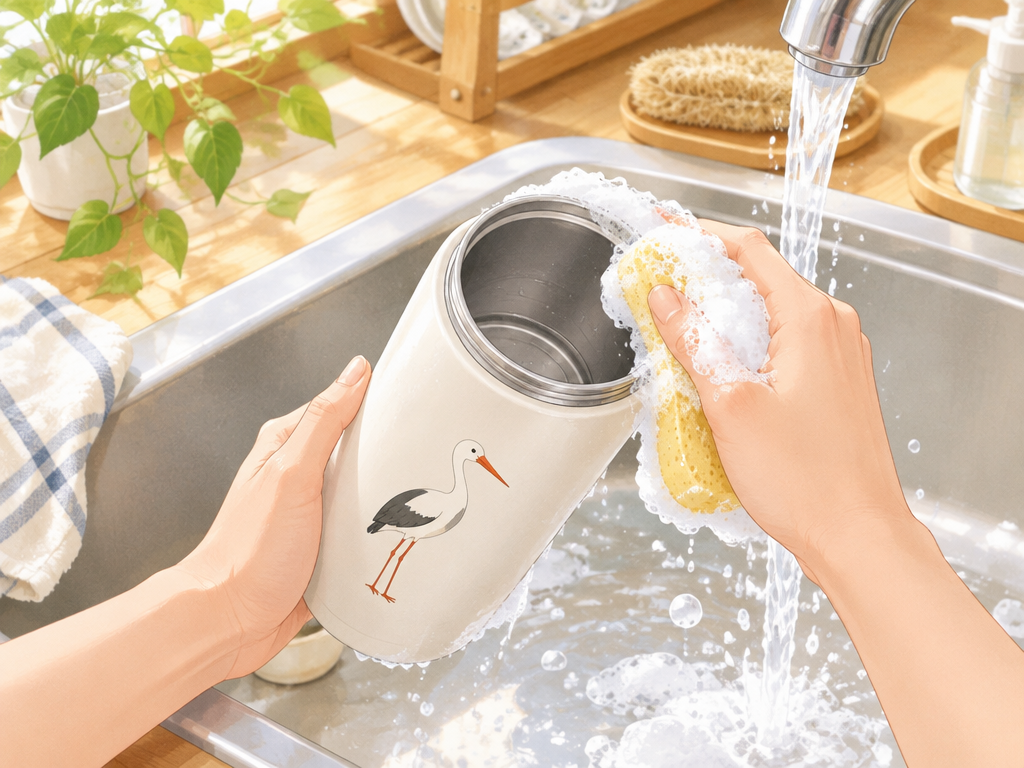食洗機は使えないが、口が広くシンプルな構造なので手洗いは楽