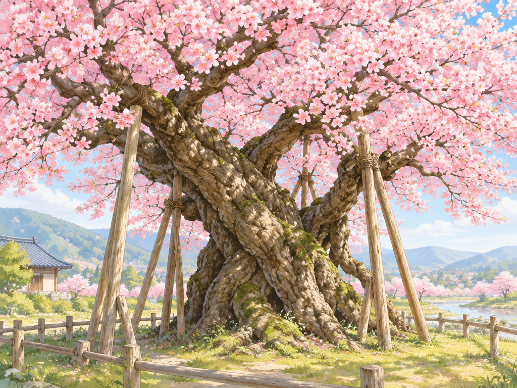 老木の桜は支えられながらも咲き続ける生命力が風情を生む
