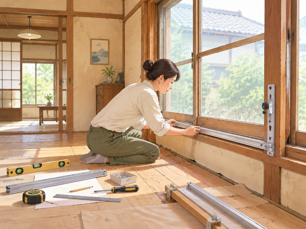 窓枠や床が歪んだ古い家でも、寸法の測り方とレールの調整で設置できる