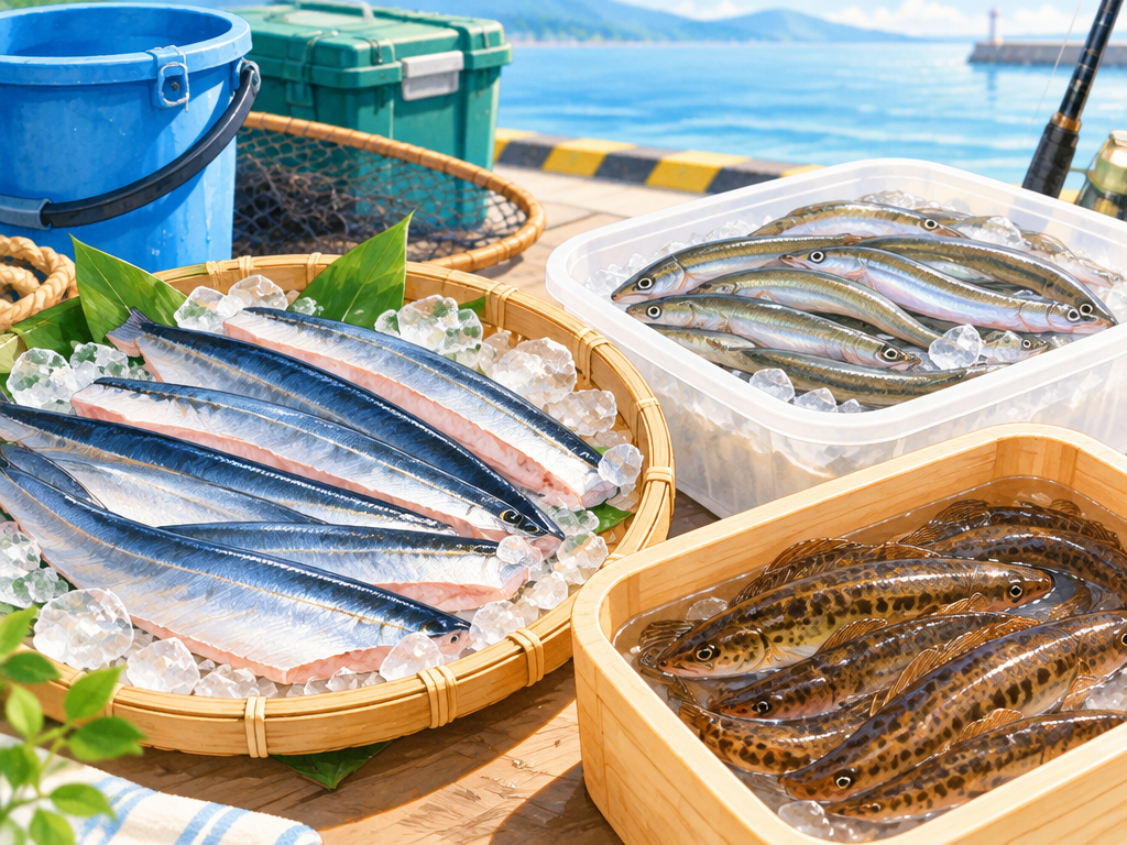 エサはサンマの切り身を基本に、イカナゴやドジョウで食いの変化に対応する